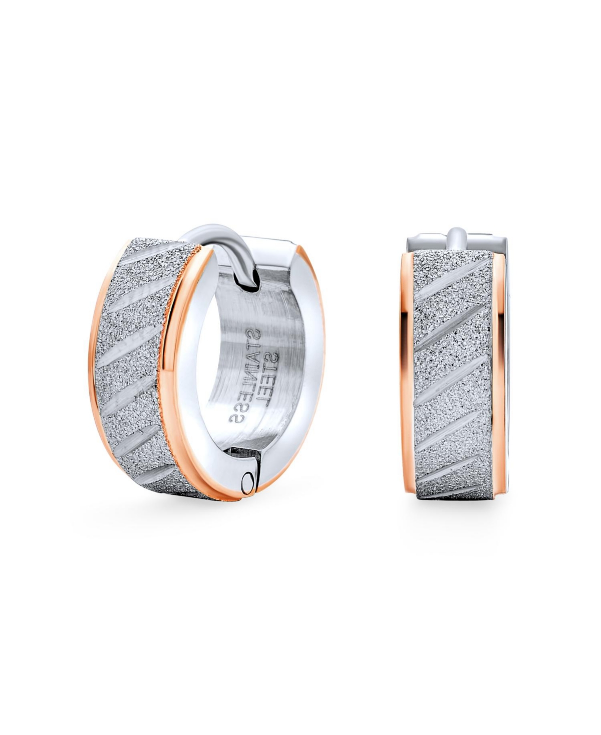 Earrings Carved Hoop Huggie Rose Gold & Silver Stainless Steel - Rose