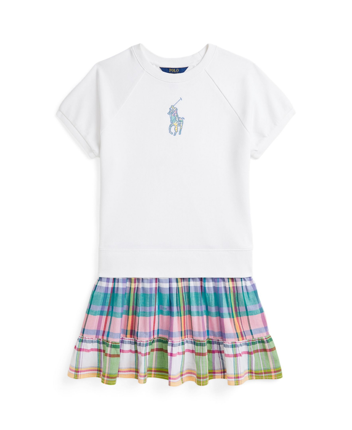 Polo Ralph Lauren Big Girls Big Pony Plaid-skirt Terry Dress In White,madras