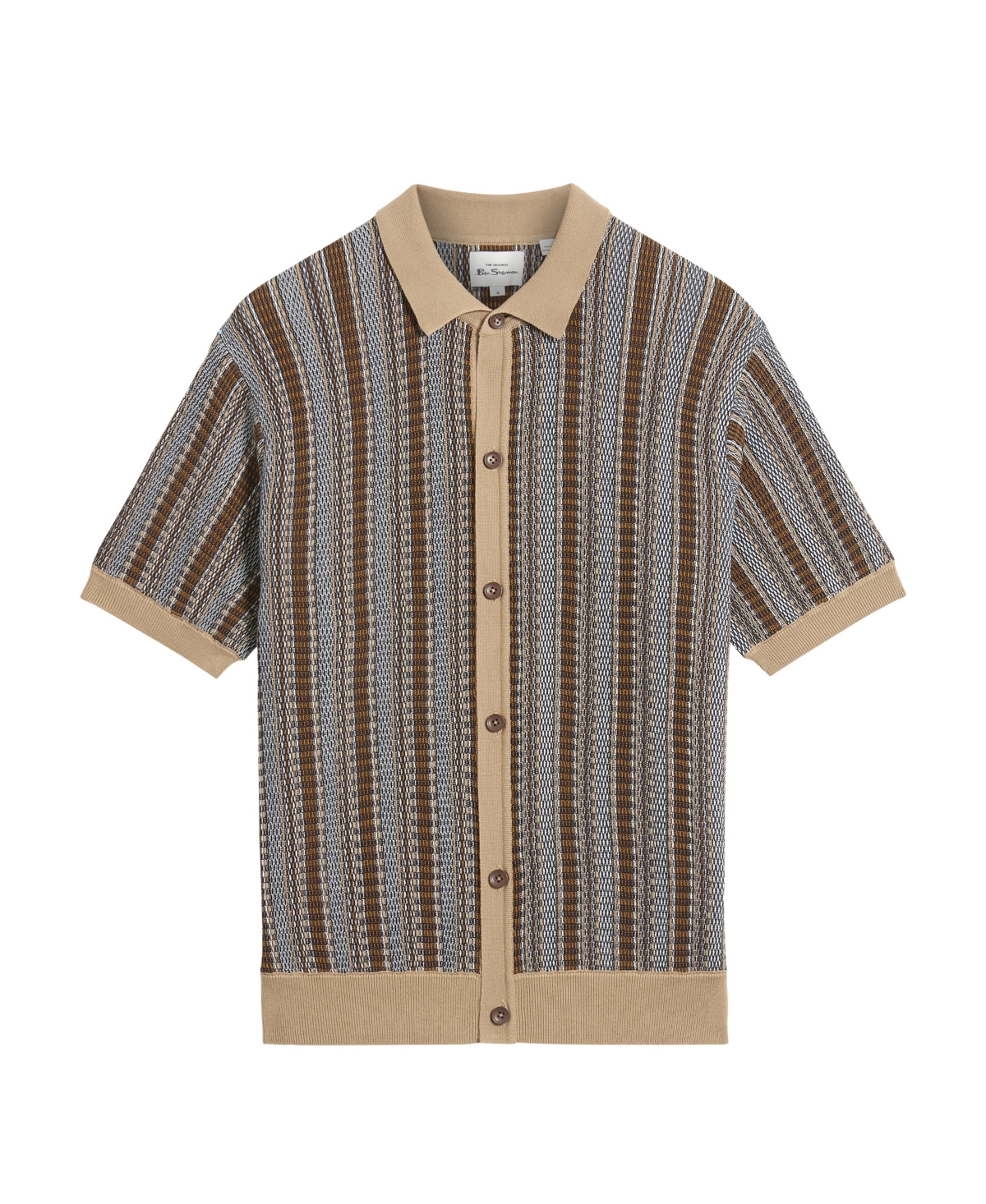 Ben Sherman Textured Stripe Knit Button-up Shirt In Brown