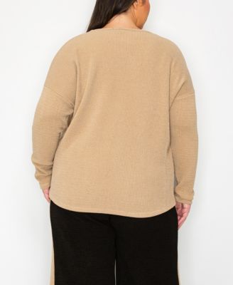 Plus Size Textured Rib Front Seam Dolman Long Sleeve Top