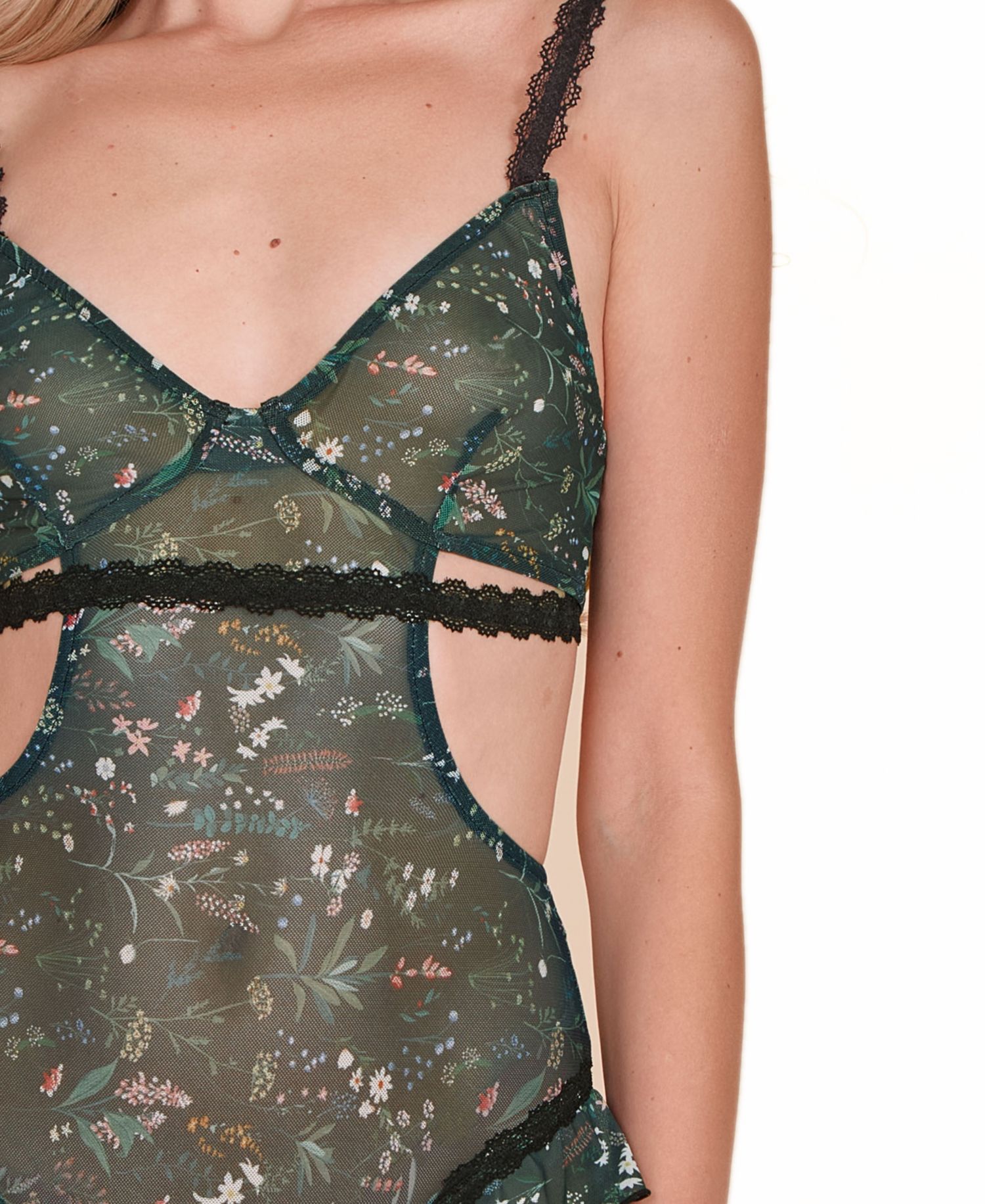 Women's 1-Piece Flutter Hip Floral Mesh V-Neck Bodysuit Lingerie