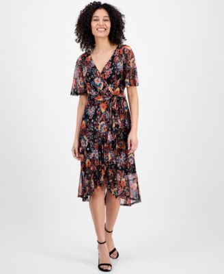 Connected - Petite Printed Mesh High-Low Faux-Wrap Dress