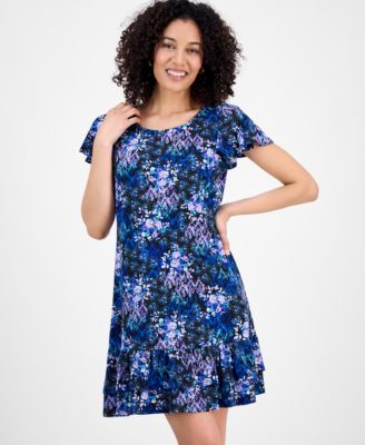 Приталенное платье-сорочка с круглым вырезом и развевающимися рукавами и миниатюрным принтом