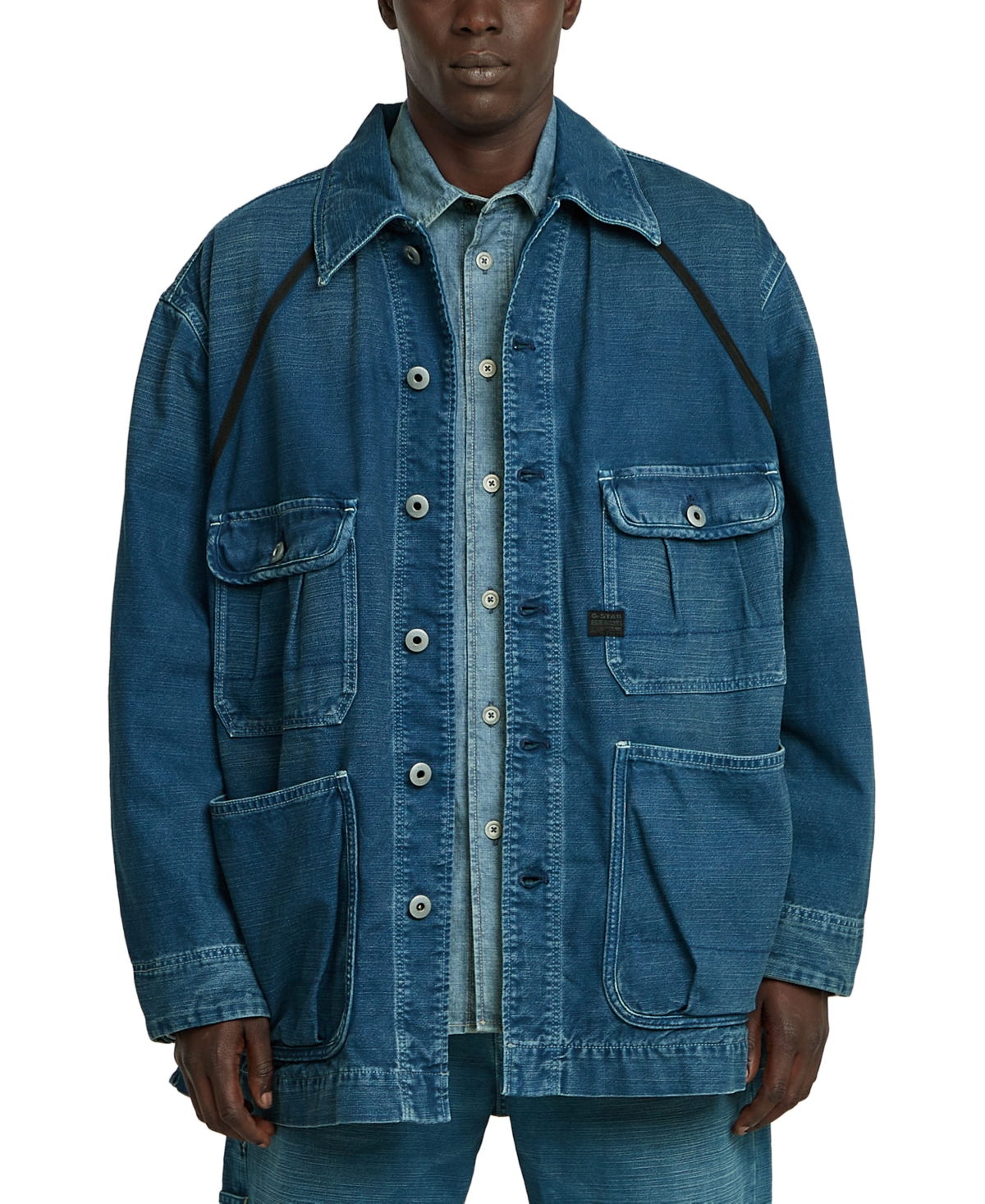 Men's Oversized Denim Button-Front Chore Jacket - Faded Indigo Gd