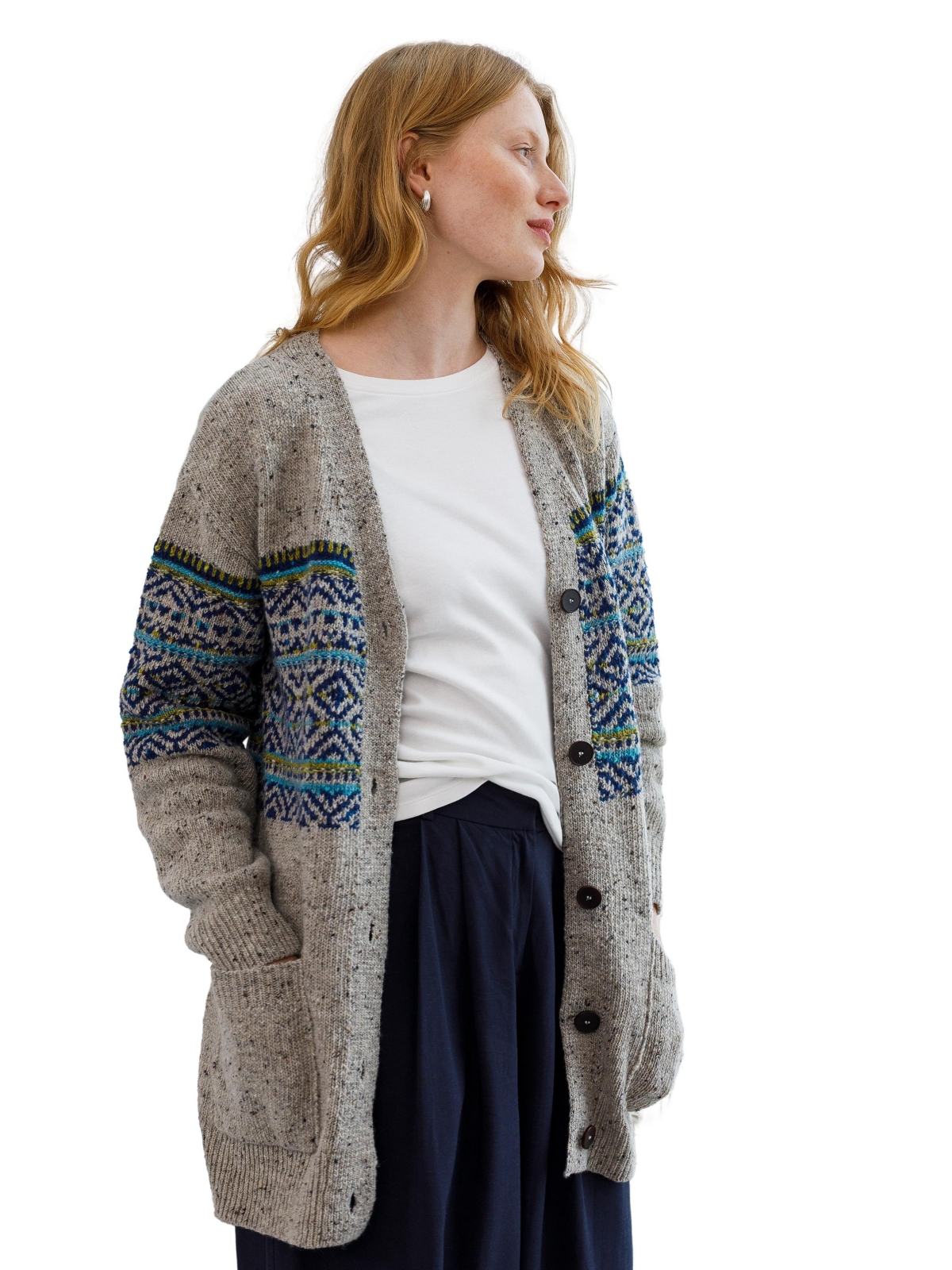 Celtic & Co. Women's Donegal Fair Isle V-Neck Cardigan - Oatmeal fleck