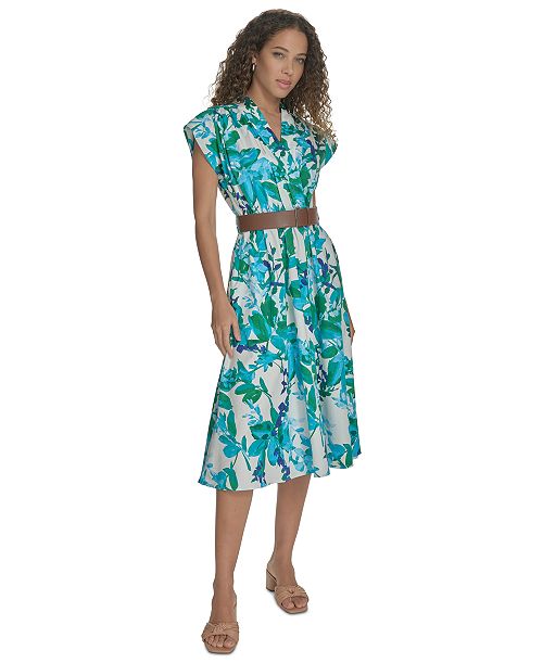 alfani Calvin Klein Women's Floral Belted A-Line Dress Women's Fashion Shoes & Accessories