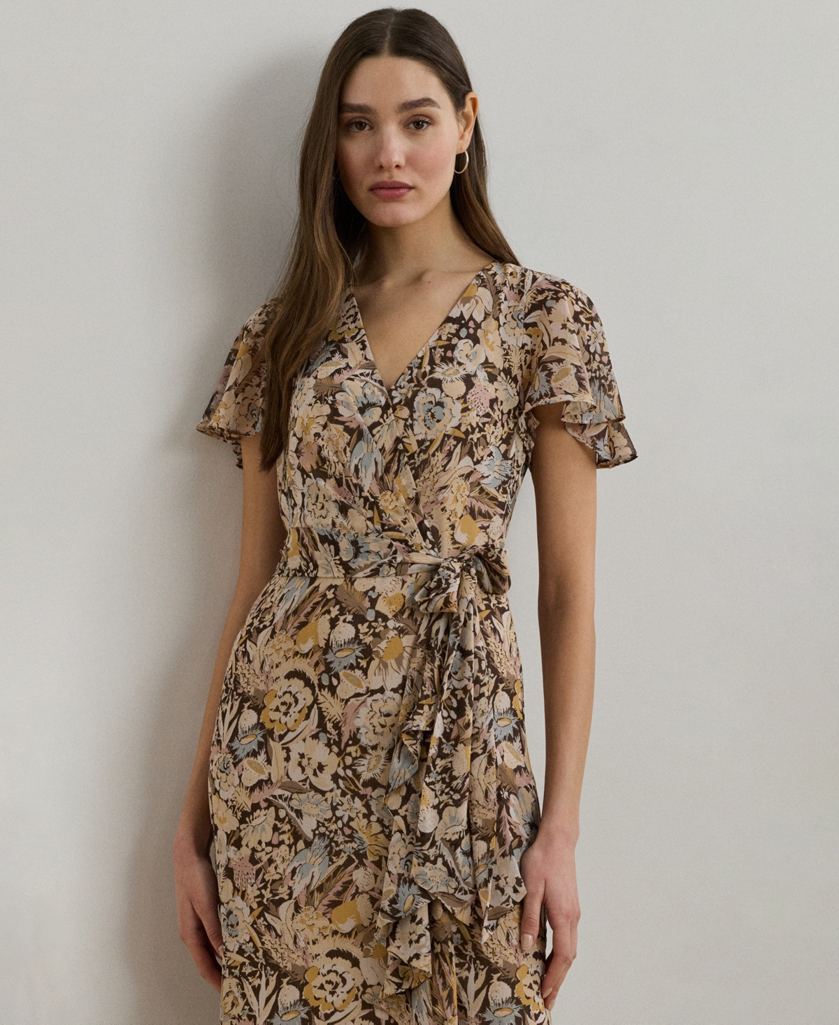 RALPH LAUREN WOMEN'S FLORAL BELTED FLUTTER-SLEEVE GOWN 