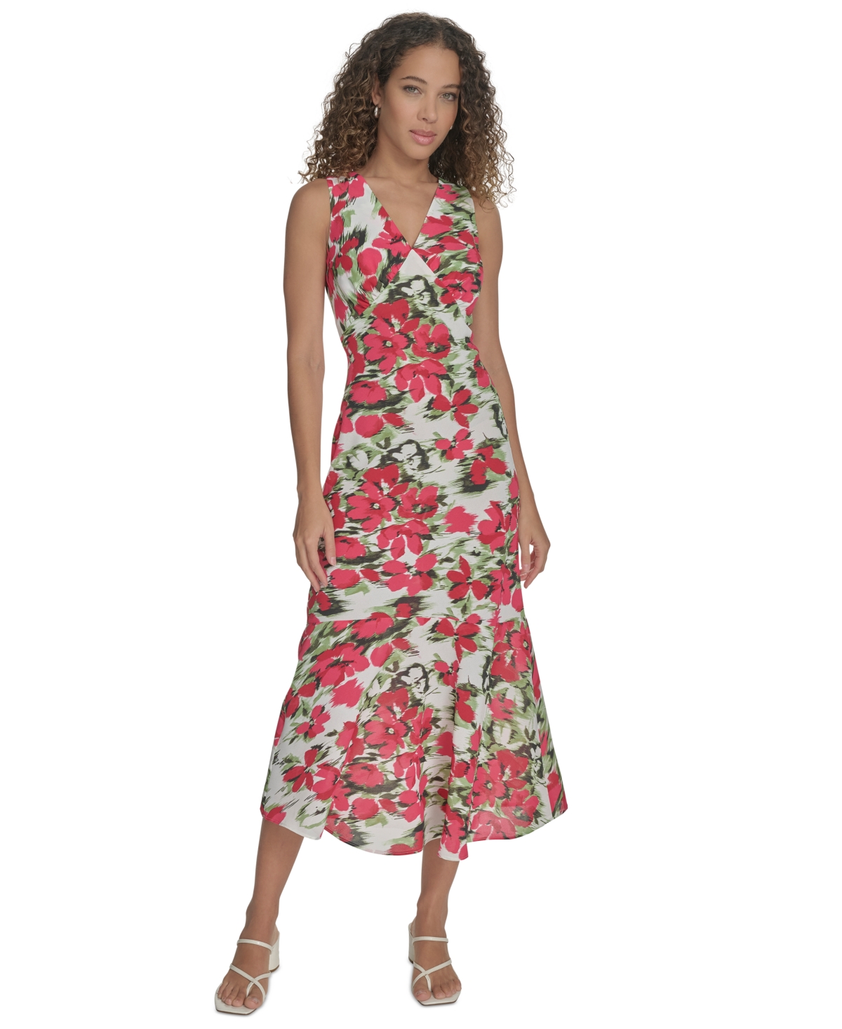 Calvin Klein Women's Floral V-neck Sleeveless Midi Dress In Watermelon Multi