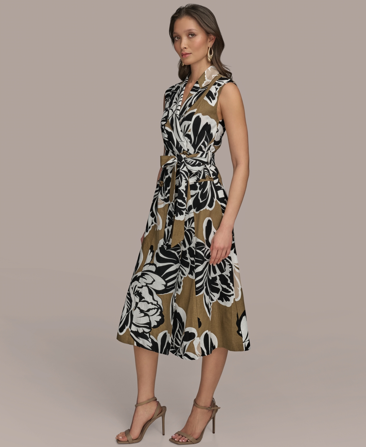 Shop Donna Karan Women's Printed Linen-blend Faux-wrap Dress In Fawn Multi