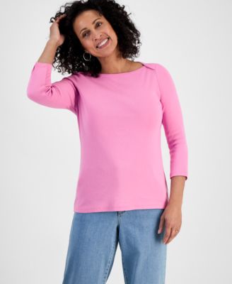 Women's Petite Pima Cotton 3/4-Sleeve Boat-Neck Top