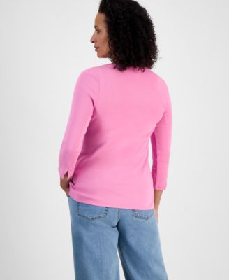 Women's Petite Pima Cotton 3/4-Sleeve Boat-Neck Top