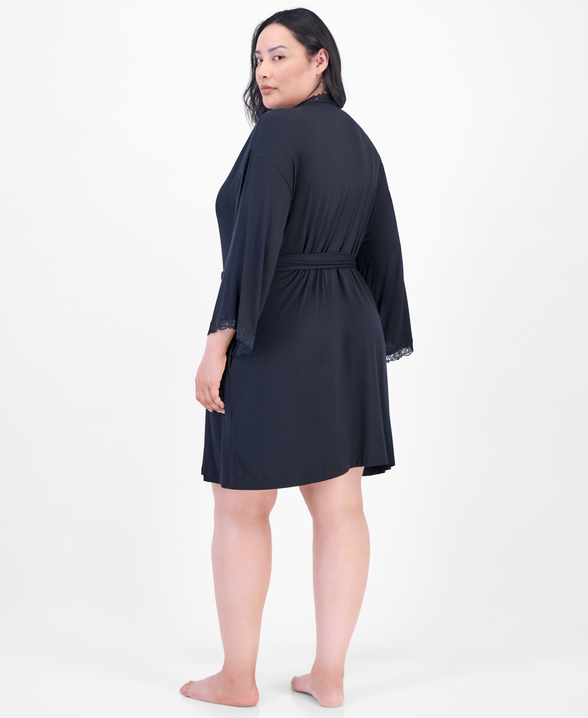 MACY'S I.N.C. INTERNATIONAL CONCEPTS PLUS SIZE LACE-TRIM KNIT WRAP ROBE, EXCLUSIVELY AT MACY'S 