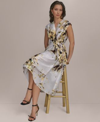 【Donna Karan New York】Petite Printed Faux-Wrap Midi Dress Donna Karan New York Women's Floral-Print Tie-Waist Midi