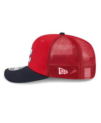Мужская кепка дальнобойщика New Era Red/ Navy Washington Nationals 2025 для тренировок по бейсболке 9SEVENTY с эластичной застежкой