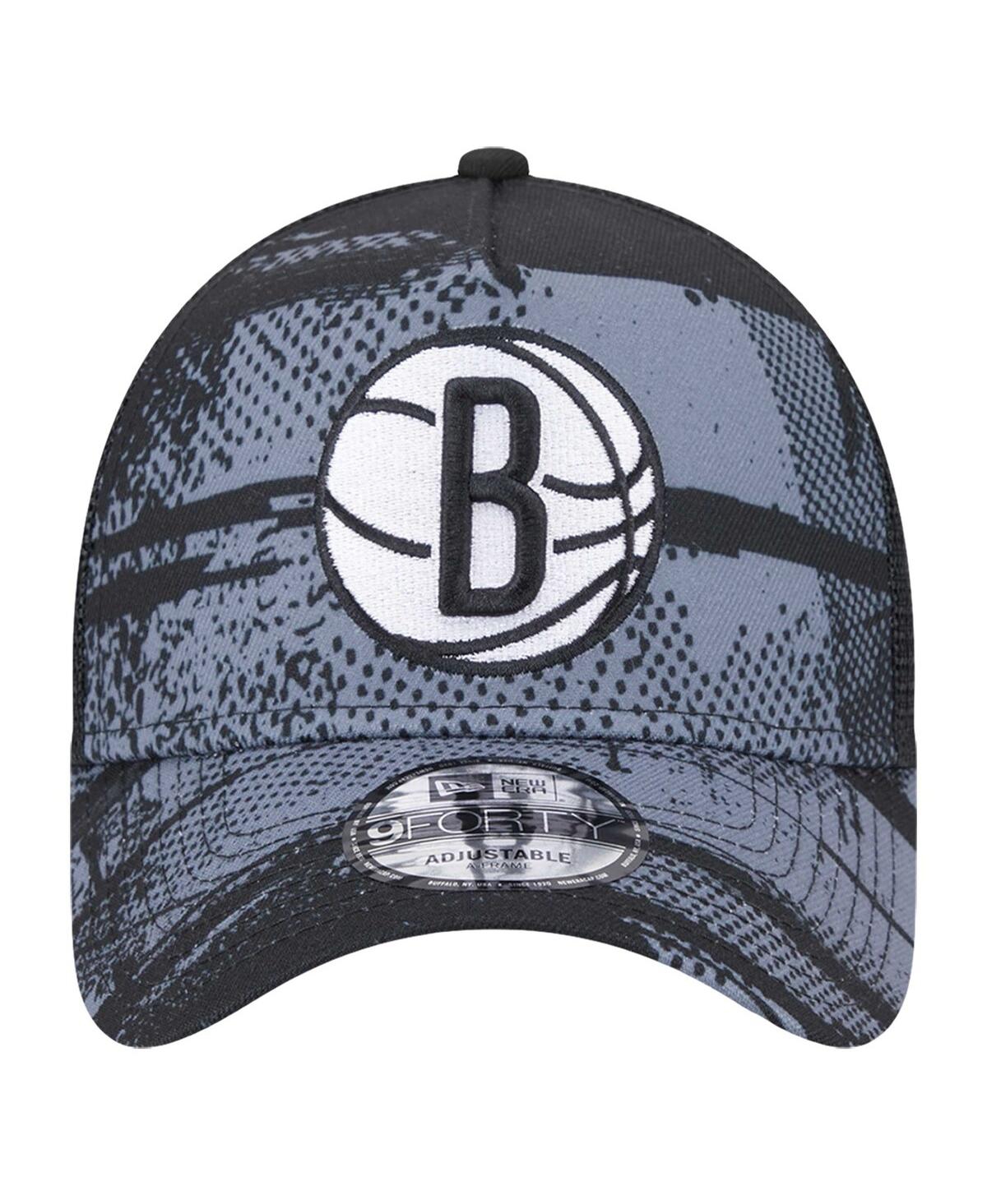 NEW ERA MEN'S BLACK/CHARCOAL BROOKLYN NETS TIP OFF A-FRAME TRUCKER 9FORTY ADJUSTABLE HAT 