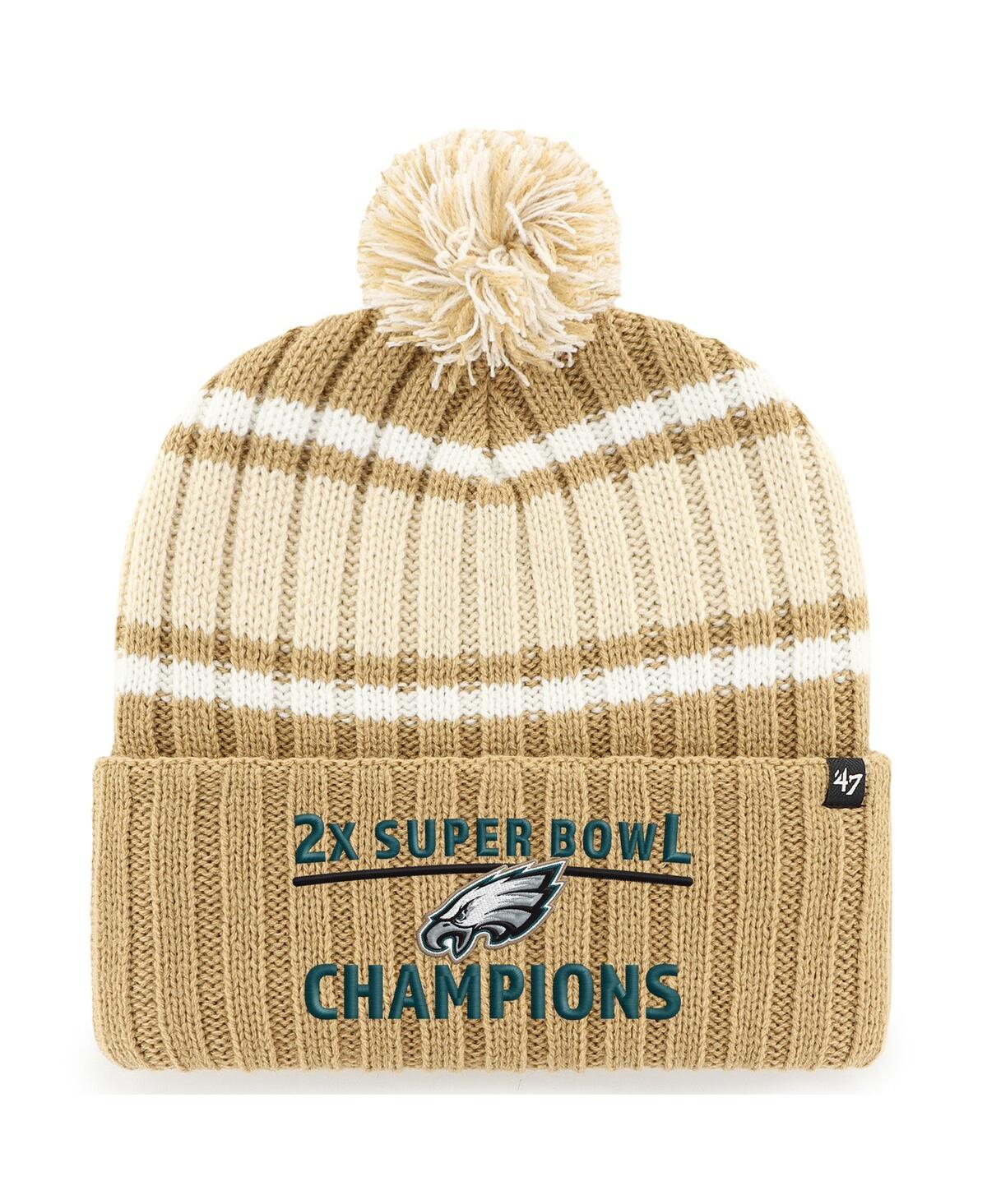 47 Brand Men's Khaki Philadelphia Eagles Two-time Super Bowl Champions Plateau Cuffed With Pom Knit Hat