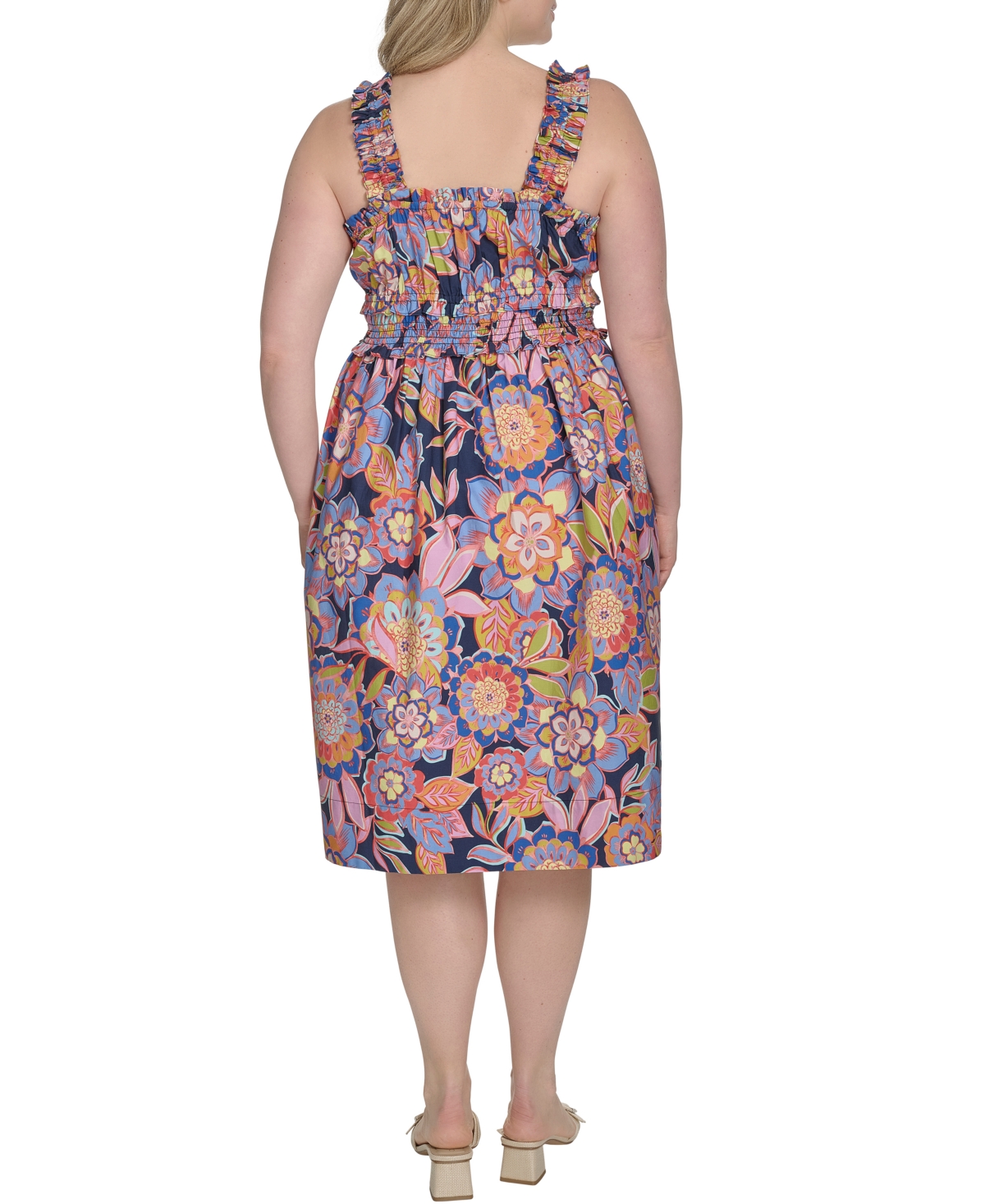Eliza J Plus Size Cotton Floral Smocked-waist Midi Dress