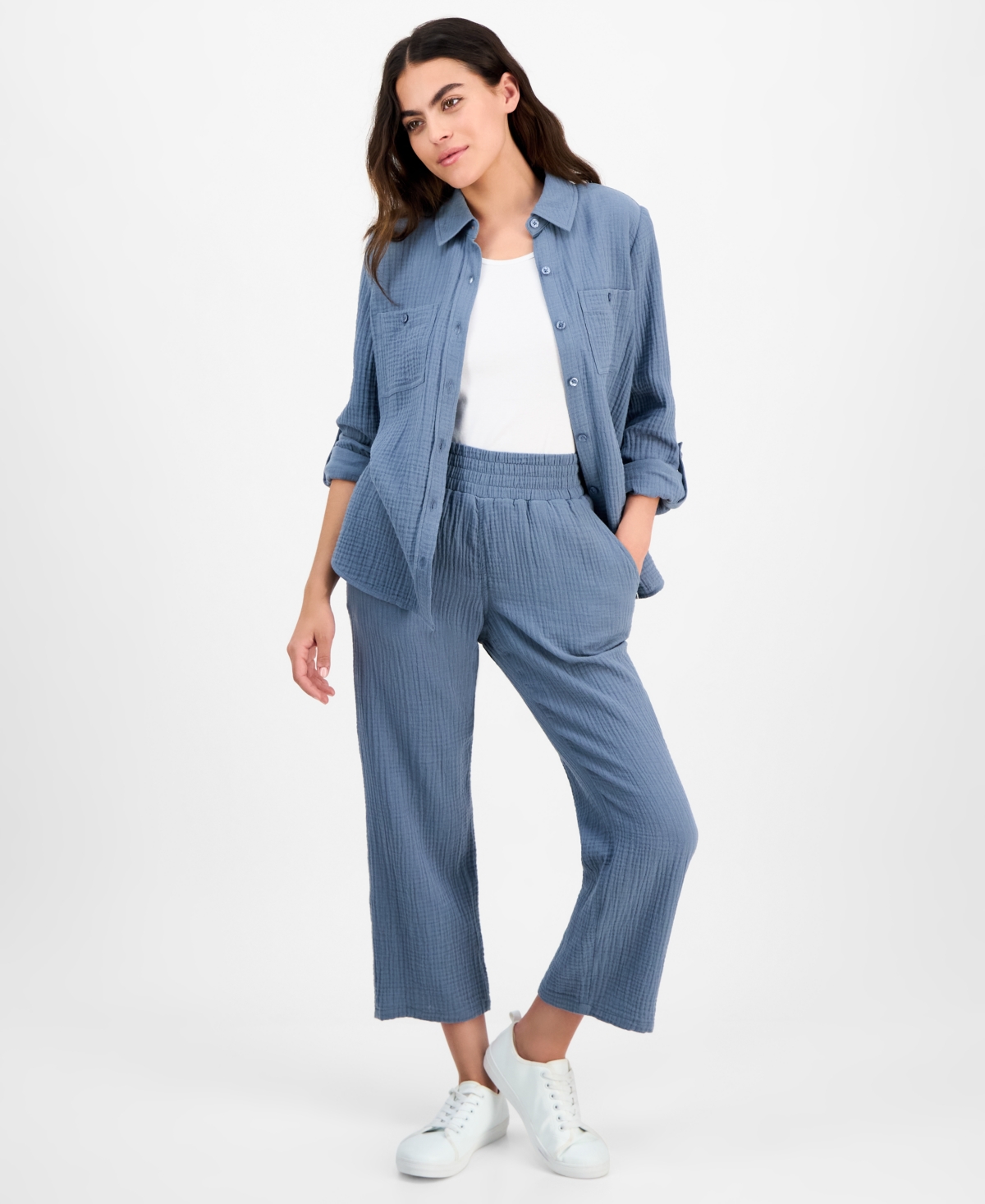 DKNY JEANS PETITE COTTON ROLL-TAB SHIRT 