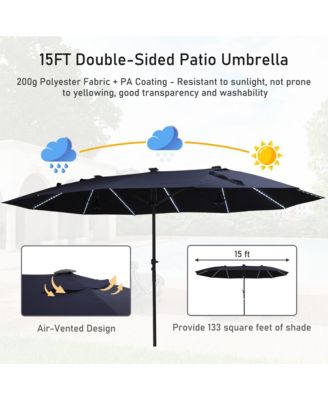 15 ft Patio Umbrellas with Solar Lights 12 LED Strip Lights Umbrella Rib, Double-Sided Market Umbrella with Base Included, Grey