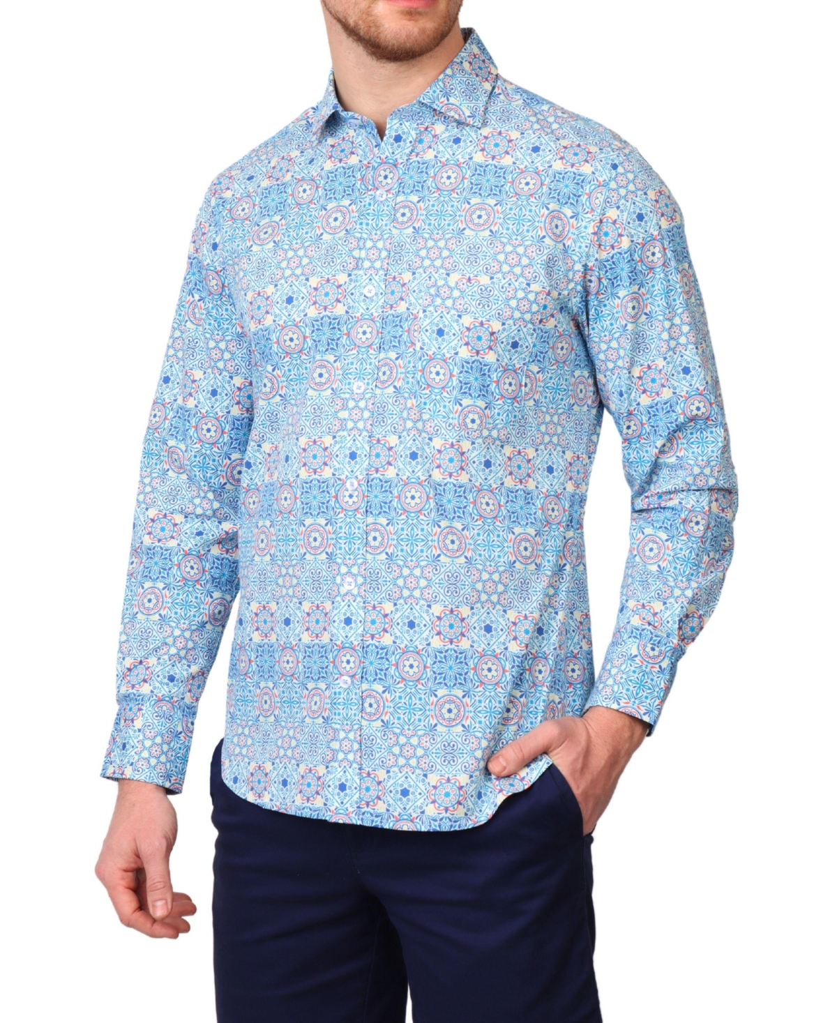Men's Mediterranean Mosaic Print Long Sleeve Shirt - True blue