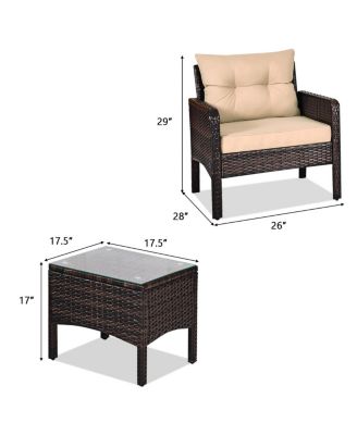 3PCS Outdoor Patio Rattan Furniture Set w/ Chairs Coffee Table Cushions