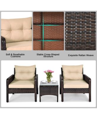 3PCS Outdoor Patio Rattan Furniture Set w/ Chairs Coffee Table Cushions