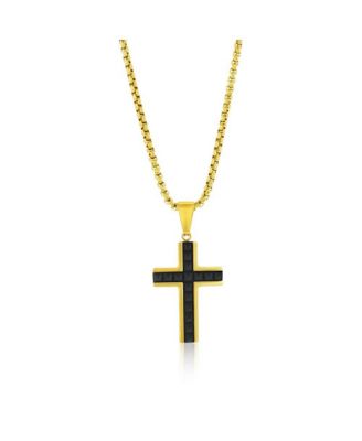 Stainless Steel, Textured Pyramid Style Cross Necklace - Gold