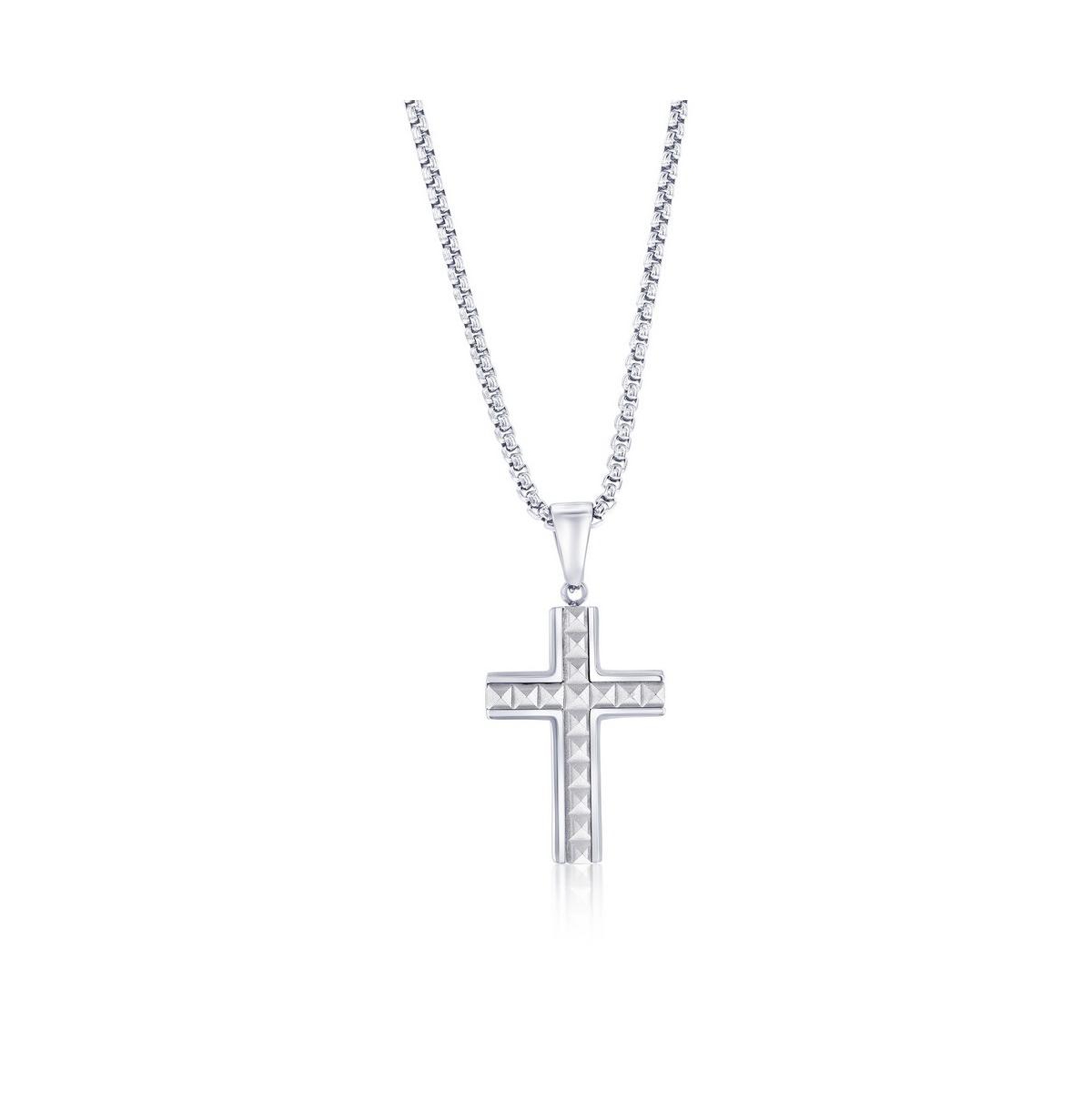 Stainless Steel, Textured Pyramid Style Cross Necklace - Gold
