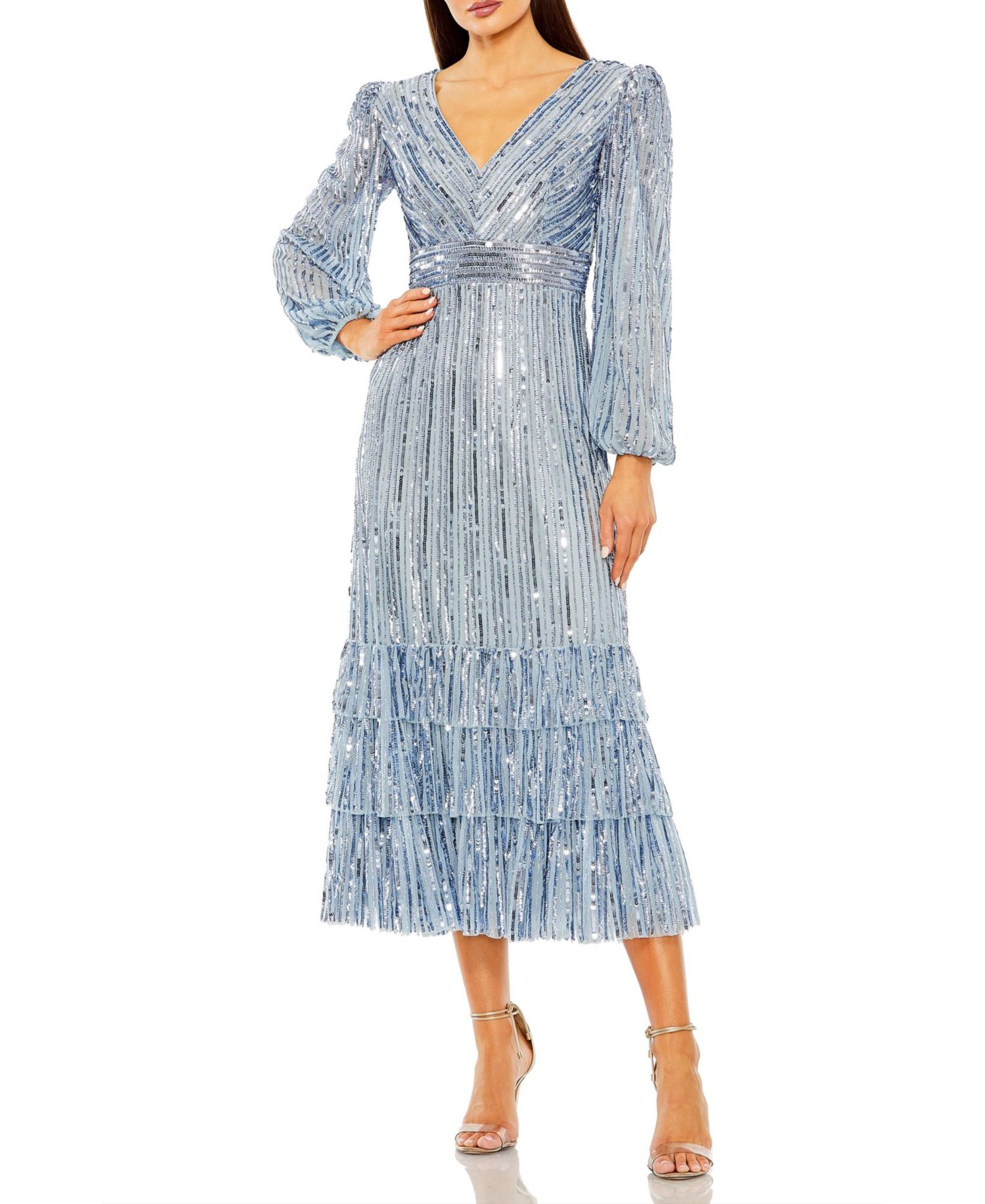 Women's Long Sleeve Deep V Tiered Ruffle Sequin Dress