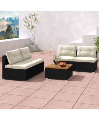 5 PCS Rattan Sofa Set Outdoor Wicker Furniture Set w/ Back Cushions & Square Coffee Table