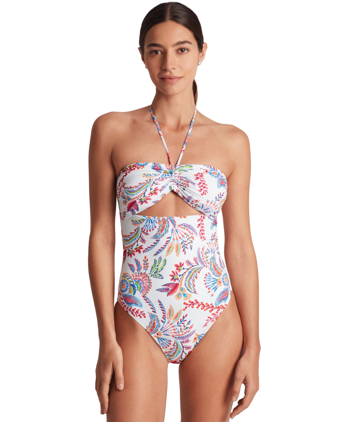 Women's Printed Cutout Bandeau One-Piece Swimsuit - Fleurette