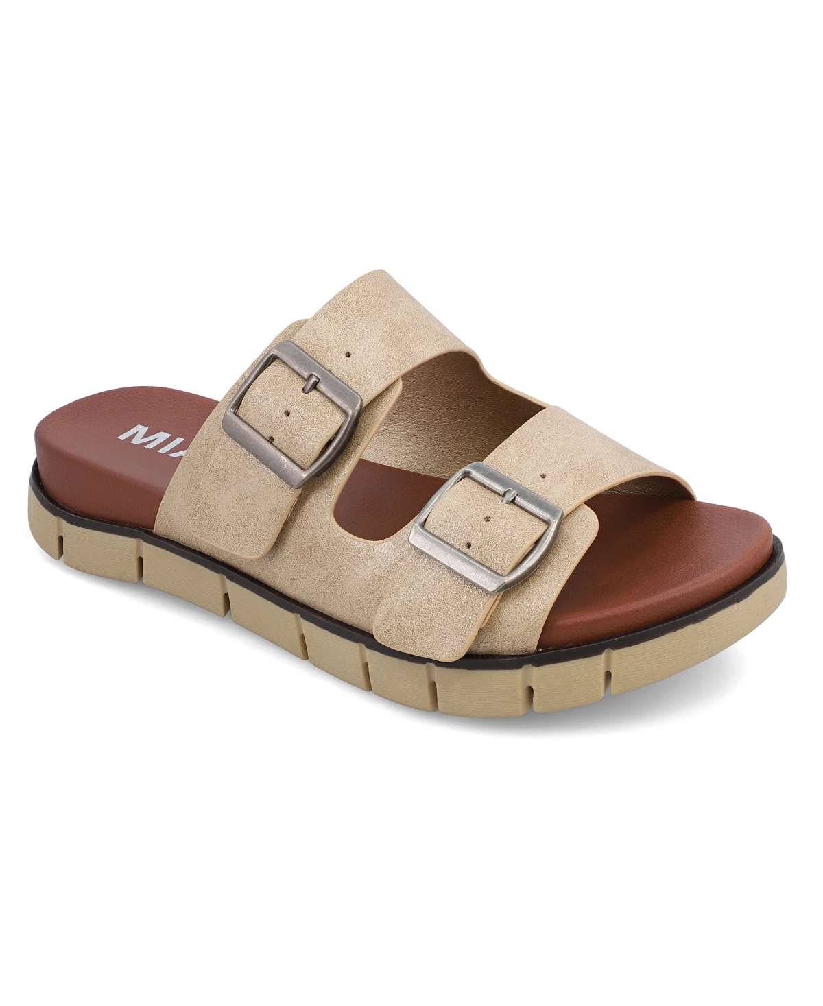 Shop Mia Women's Esei Double Buckle Slip-on Slide Sandals In Dusty Soft Gold