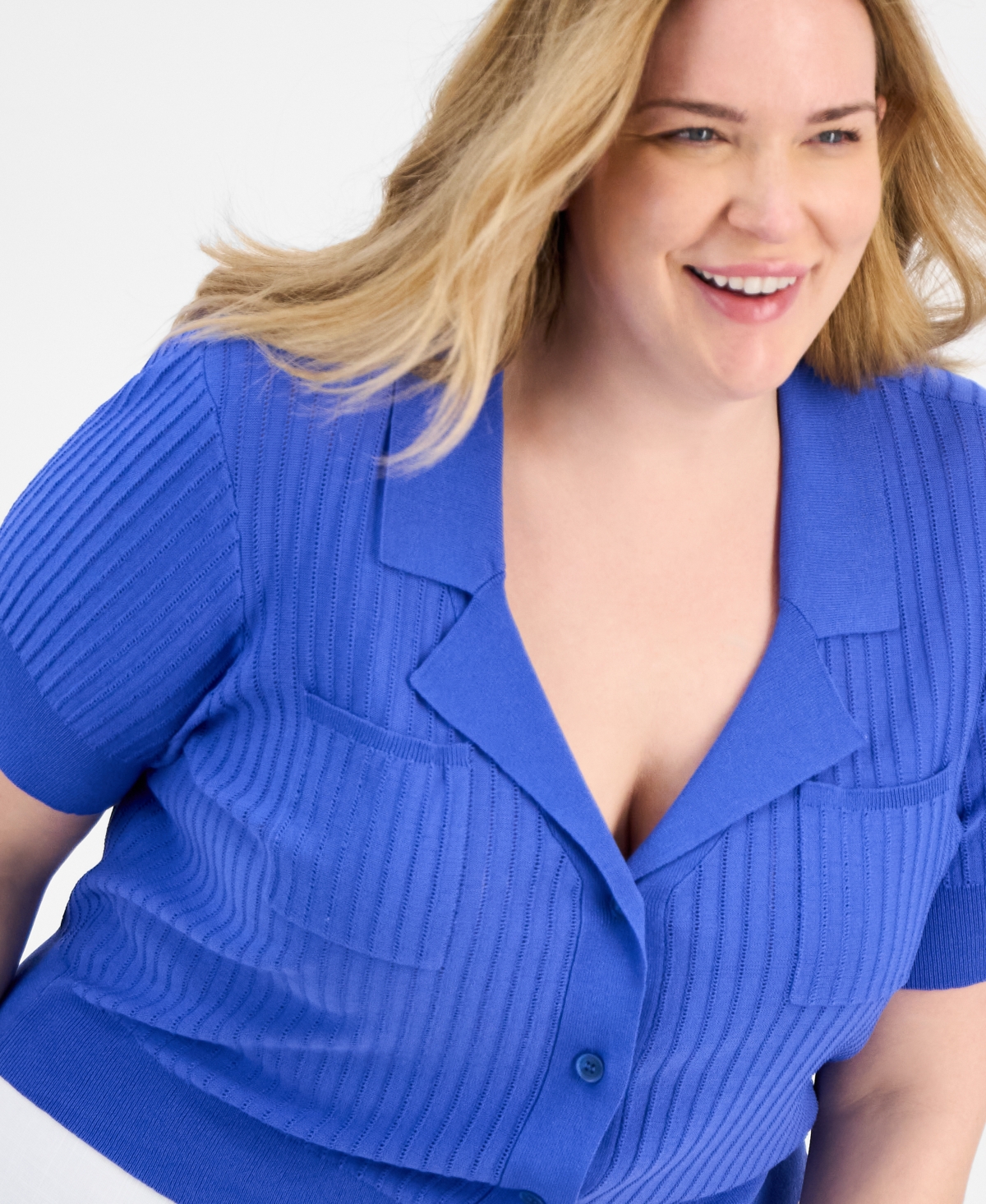 Tahari Asl Plus Size Short-sleeve Pointelle Cardigan In Pacific Blue