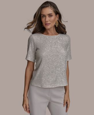 売れ筋商品|||ダナ キャラン ニューヨーク カットソー トップス レディース Donna Karan Women's Short Sleeve llic Print Blouse Black/Gold DKNY By Donna Karan Watercolor Print Twill Crew Neck Short