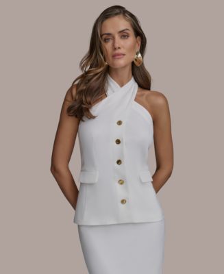 売れ筋商品|||エラン カットソー トップス レディース Women's Sleeveless Button-Front Halter Vest White Donna Karan New York Women's Button-Front Halter Vest - Macy's