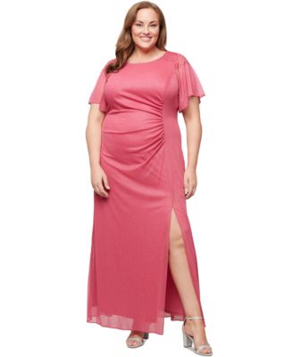 SL Fashions - Plus Size Flutter-Sleeve Side-Ruched Glitter Gown
