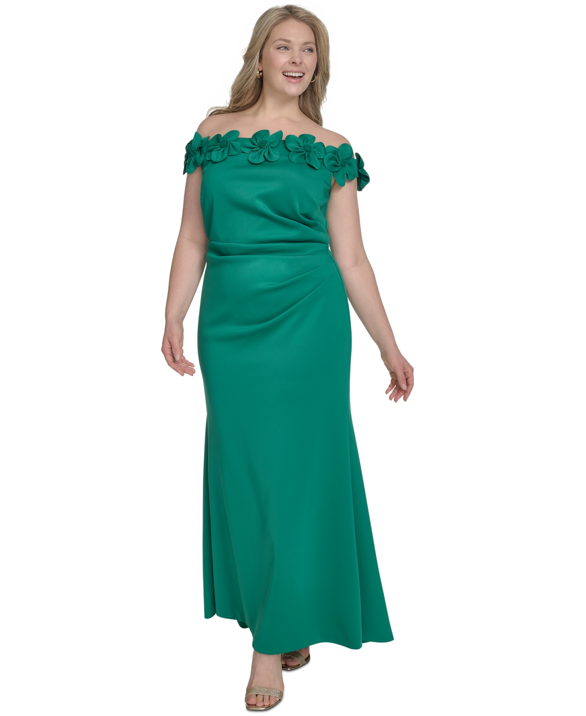 ELIZA J PLUS SIZE 3D FLORAL OFF-THE-SHOULDER GOWN 