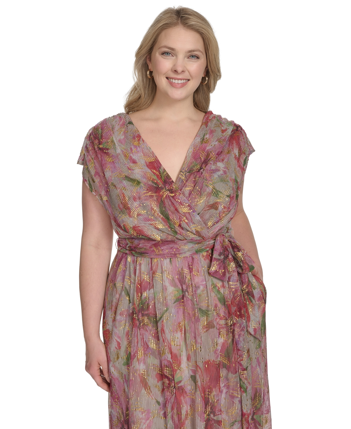 Jessica Howard Plus Size V-neck Shoulder-drape Gown In Poppy Multi