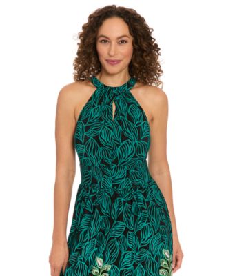 London Times Petite Placement-Print Halter Maxi Dress