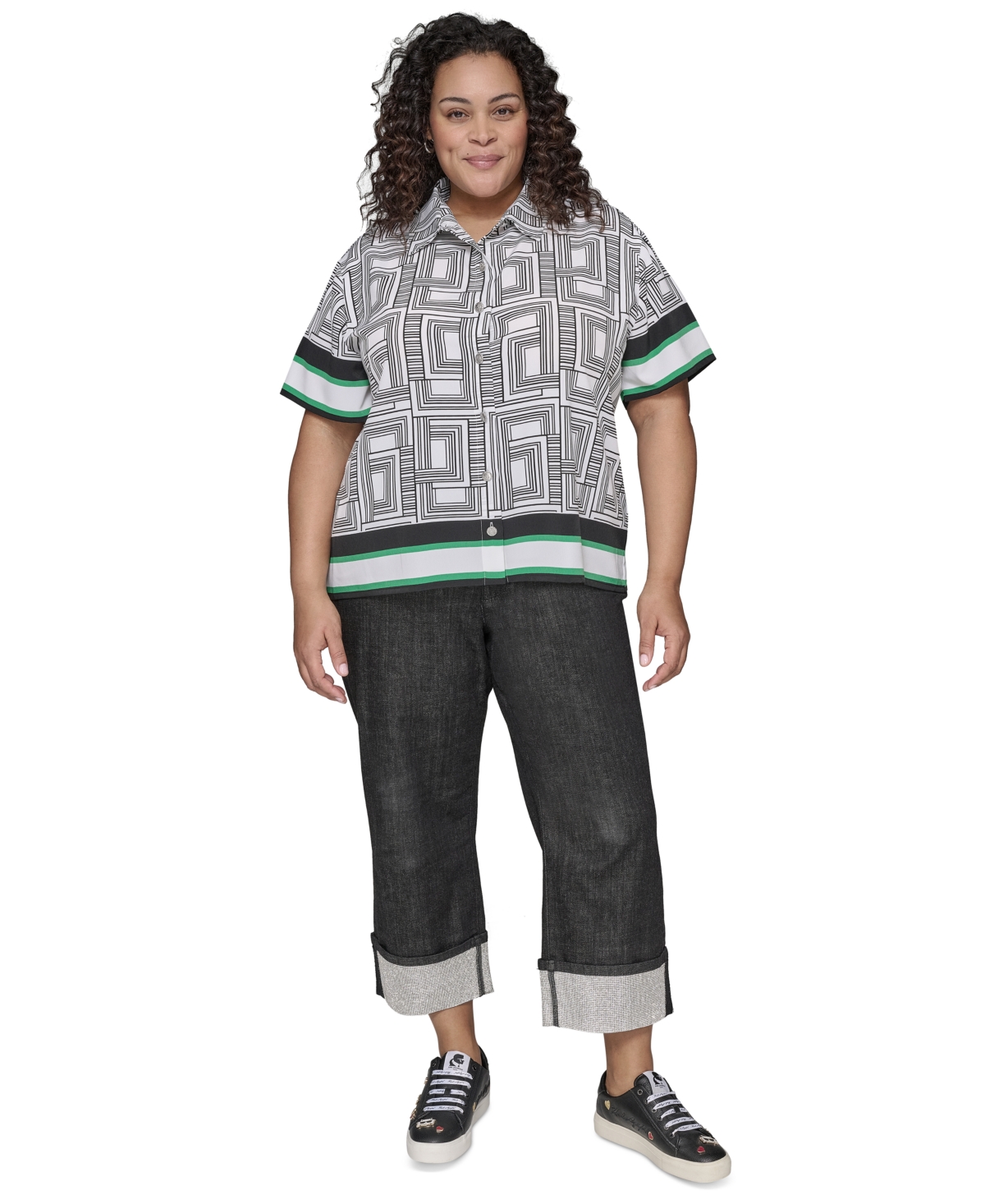 Karl Lagerfeld Plus Size Printed Camp Shirt In Soft White Black Flore Green Combo