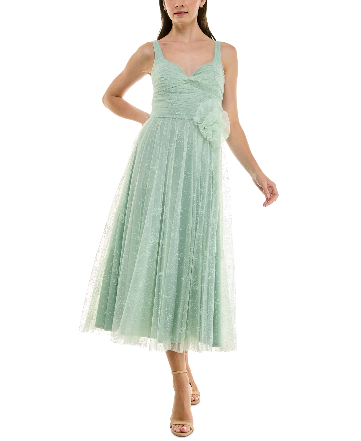 Women's Flocked Dot Rosette-Trim Midi Dress - Sage