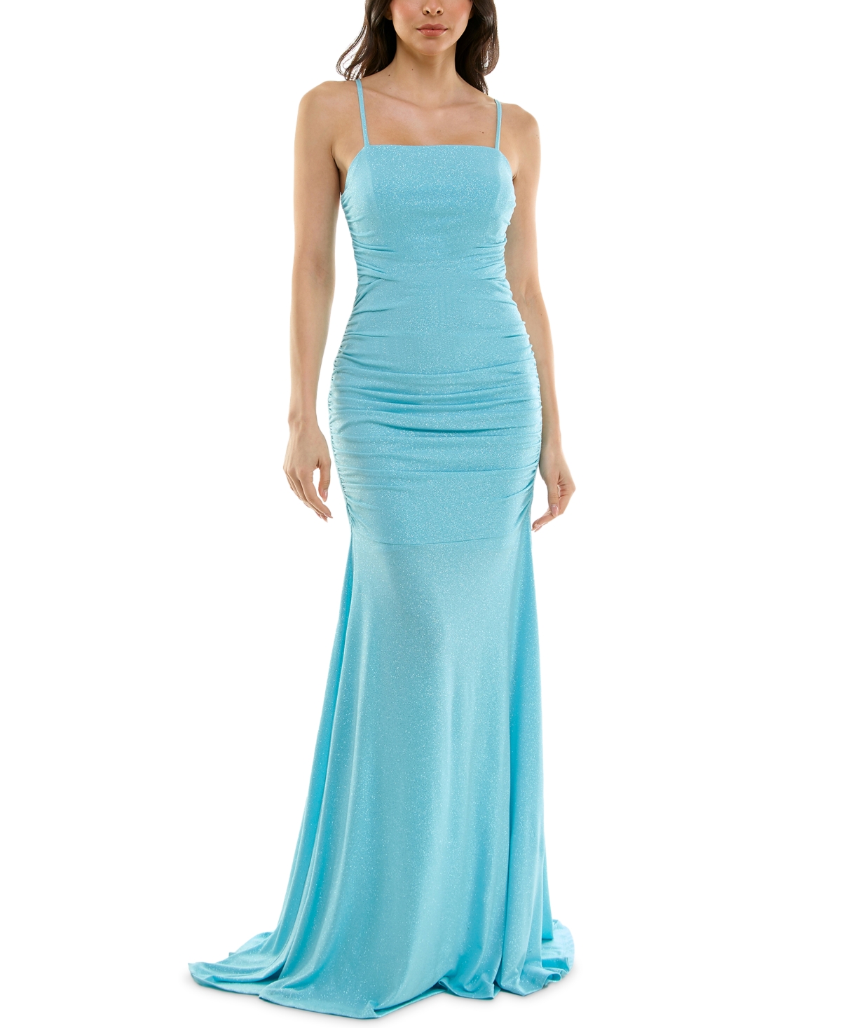 Juniors' Side-Ruched Lace-Up-Back Glitter Gown, Created for Macy's - Aqua