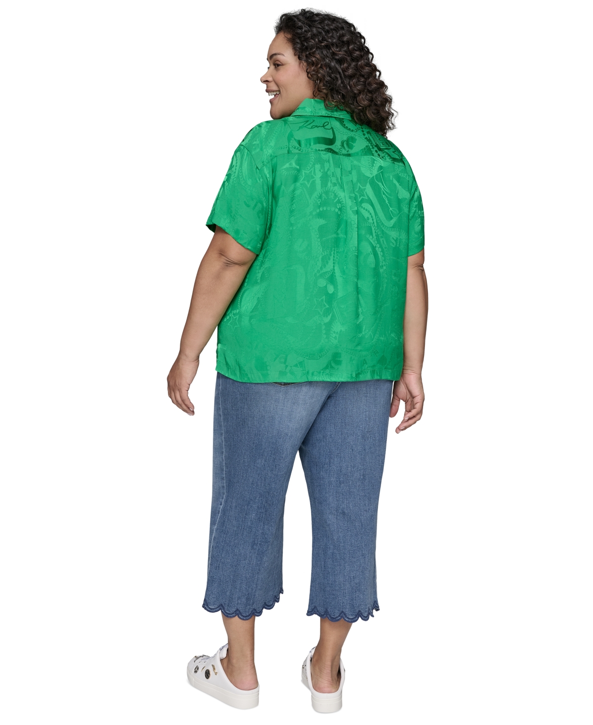 Shop Karl Lagerfeld Plus Size Jacquard Camp Shirt In Flore Green