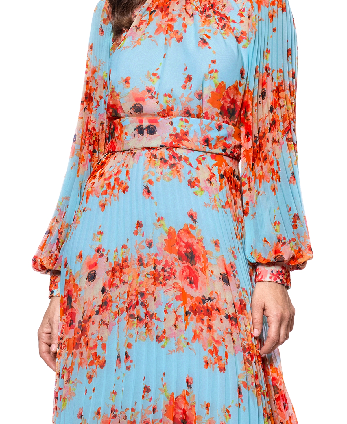 BETSY & ADAM WOMEN'S FLORAL-PRINT BLOUSON-SLEEVE PLEATED GOWN 
