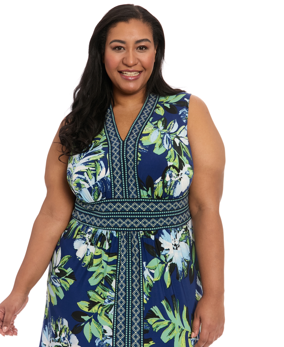 London Times Plus Size Border-print V-neck Maxi Dress