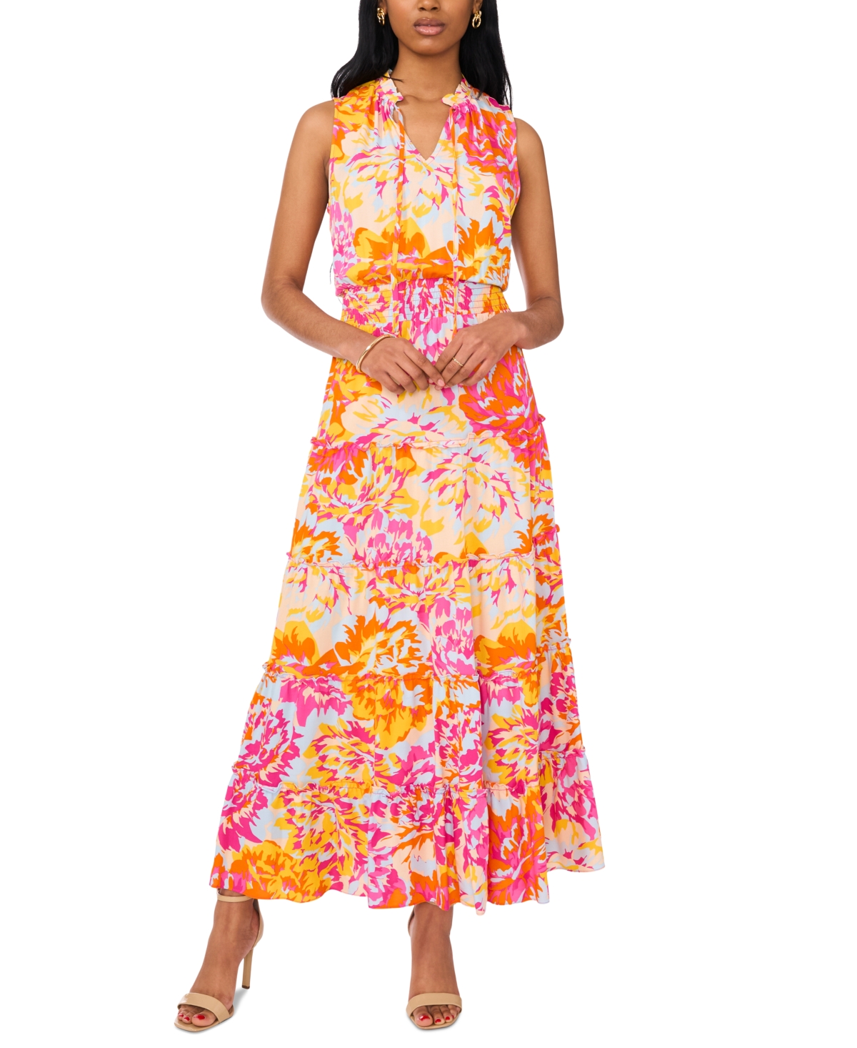 Petite Printed Tiered Split-Neck Maxi Dress - Pink