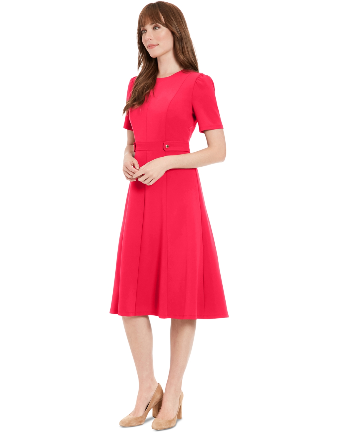 LONDON TIMES PETITE FIT & FLARE SCUBA CREPE MIDI DRESS 