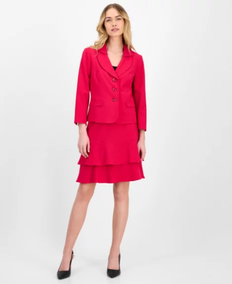 Women's Tulip Collar Jacket & Tiered Skirt Suit Set, Regular & Petite - Dark Azalea