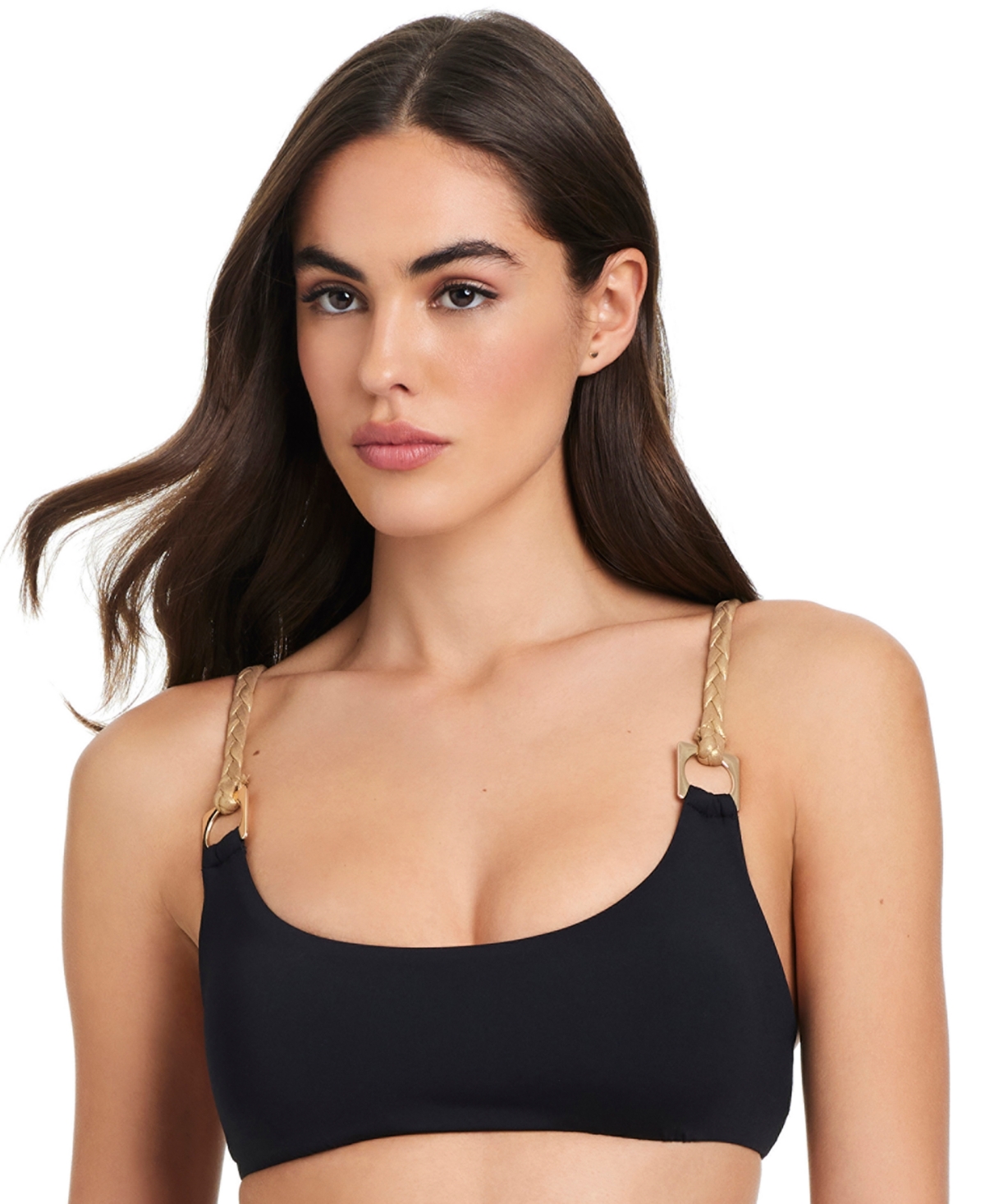 Women's Deep Scoop-Neck Braid-Strap Bikini Top - Black