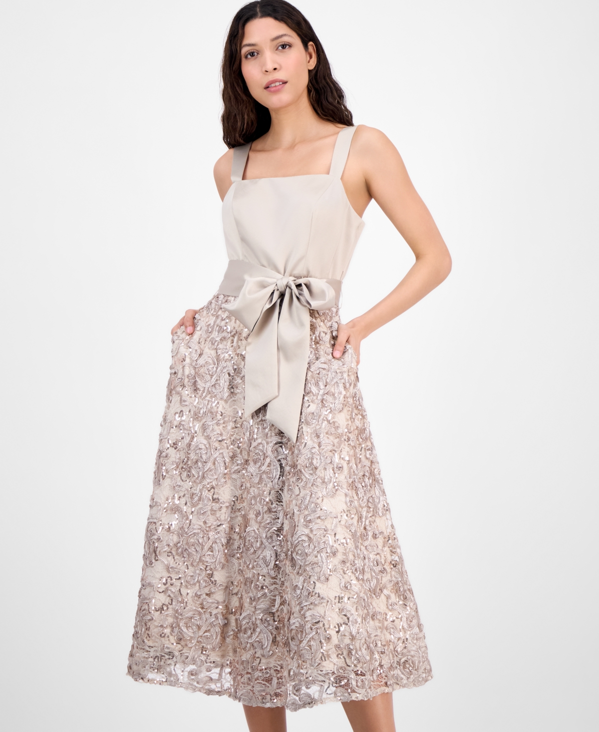 Tahari Asl Sequin Soutache Satin Cocktail Dress In Champagne